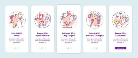 Who needs pulmonary rehabilitation onboarding mobile app page screen. Walkthrough 5 steps graphic instructions with concepts. UI, UX, GUI vector template with linear color illustrations