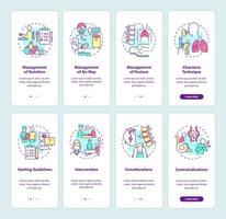 Lungs diseases recovery onboarding mobile app page screen set. Rehabilitation walkthrough 4 steps graphic instructions with concepts. UI, UX, GUI vector template with linear color illustrations