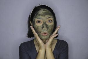 Shock Asian women when use to beauty face mask photo