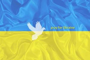 Pray for Ukraine text on the blue and yellow Ukrainian flag with the silhouette of the dove of peace photo