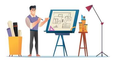 Male architect presenting project concept cartoon illustration. Man engineer standing near drawing board explaining project. draft, and building. Flat vector illustration