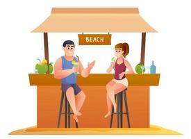 Couple enjoying drinks at beach cafe vector illustration. Male and female on summer vacation concept characters