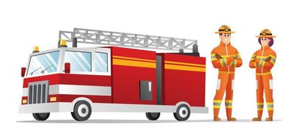 personajes de bombero masculino y femenino con ilustración de camión de bomberos vector
