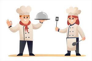 Cute male and female chef cooking cartoon characters vector