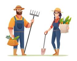 Happy male and female farmers with organic vegetables cartoon vector