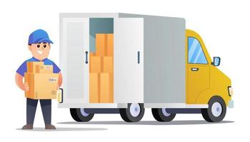 Cute courier bring packages with delivery truck illustration