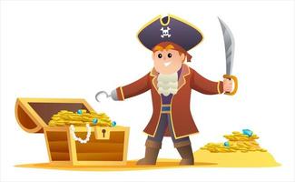 Cute pirate holding sword with treasure chest illustration vector