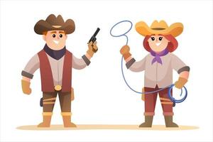 Cute cowboy and cowgirl character set vector