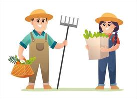 lindo niño y niña cosecha agricultor sosteniendo vegetales orgánicos ilustración vector