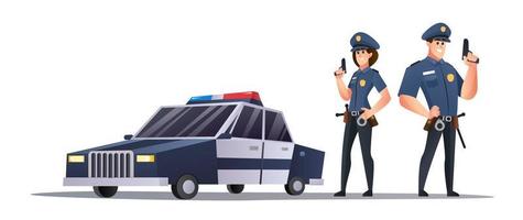 Policeman and police woman officers holding guns beside police car illustration vector