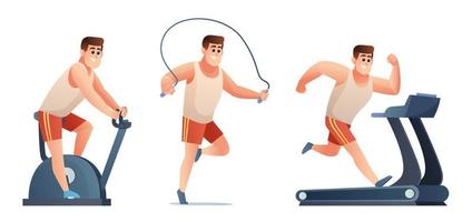 Set of man doing exercise gym bike jump rope and treadmill illustration vector