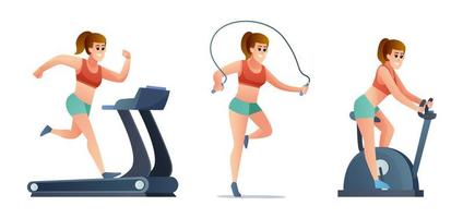 Set of woman doing exercise gym bike jump rope and treadmill vector illustration