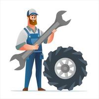 Professional mechanic character holding big spanner with big tire vector