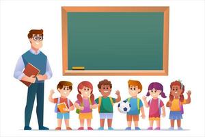 Happy teacher and children students in front of blackboard vector