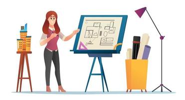 Female architect presenting project concept cartoon illustration. Woman engineer standing near drawing board explaining project. draft, and building. Flat vector illustration