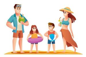 conjunto de personajes de felices vacaciones familiares en la playa. familia en la ilustración del concepto de vacaciones de verano vector