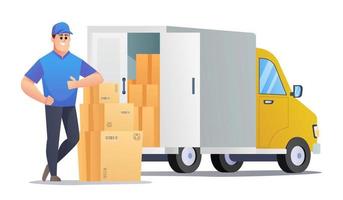 Courier bring packages with delivery truck concept character vector