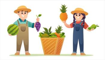 Cute boy and girl farmer holding fruits illustration vector