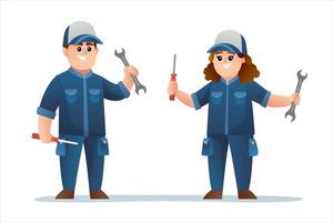 Cute male and female mechanic characters holding spanner and screwdriver vector