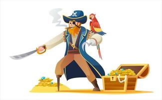 Pirate character holding sword with parrot and treasure chest vector illustration