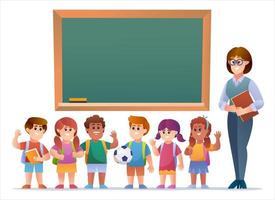 Cheerful teacher and kids students in front of blackboard vector