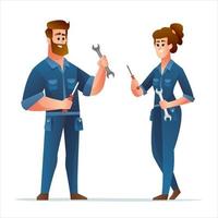 Professional man and woman mechanic holding spanner and screwdriver characters set
