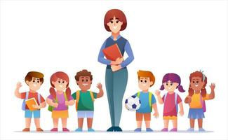 Cheerful teacher and children students character set vector