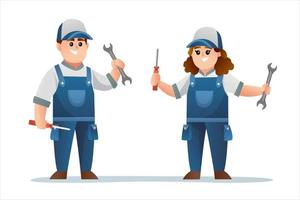 Cute boy and girl technician character holding spanner and screwdriver vector cartoon