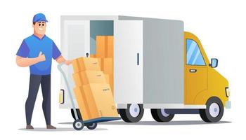 Courier bring packages with trolley. courier standing beside delivery truck concept character vector