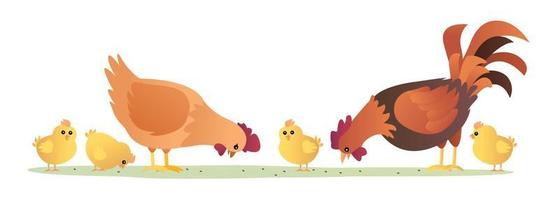 conjunto de gallina gallo y pollitos comiendo ilustración vector