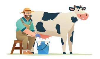 granjero feliz ordeñando vaca ilustración