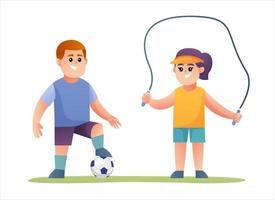 Cute boy and girl doing exercise cartoon character vector