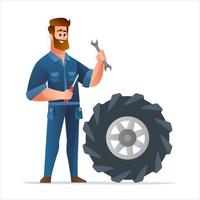 mecánico profesional sosteniendo una llave y un destornillador con una gran ilustración de neumáticos vector