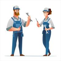 Professional male and female technician holding spanner and screwdriver cartoon characters vector