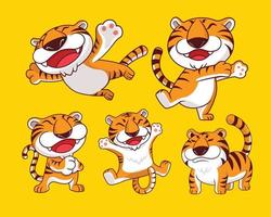 colección de personajes de tigre feliz de dibujos animados con varias poses. ilustración de conjunto de mascota de tigre salvaje de vector