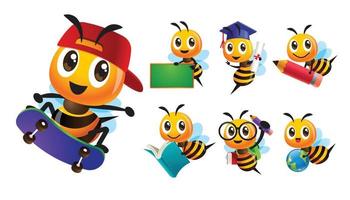 colección de series de dibujos animados de abejas en diferentes poses y actividades, patinaje, lápiz, libro, globo y pizarra. conjunto de mascota de abeja vectorial vector