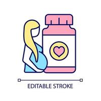 Supplements for pregnant women RGB color icon. Pregnancy complementary medicines. Reducing risk of problems in baby development. Isolated vector illustration. Simple filled line drawing