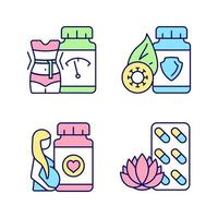 Food supplements RGB color icons set. Pills for pregnant women. Weight loss. Immune boost supplements. Medicine for staying calm. Isolated vector illustrations. Simple filled line drawings collection