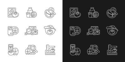 Food analysis linear icons set for dark and light mode. Biological and chemical danger detection. Lab testing. Customizable thin line symbols. Isolated vector outline illustrations. Editable stroke