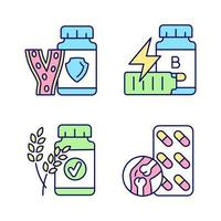 Food supplements RGB color icons set. Help for blood pressure. B vitamins for fatigue. Joint pain treatment. Natural ingredients. Isolated vector illustrations. Simple filled line drawings collection