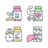 Food supplements RGB color icons set. Pills for healthy liver. Strengthening bones. Insomnia treatment. Cardiovascular tablets. Isolated vector illustrations. Simple filled line drawings collection