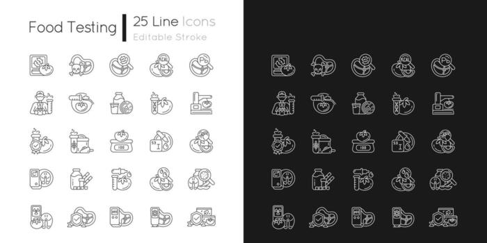 Food testing linear icons set for dark and light mode. Various testing methods. Nutrition scientific analysis. Customizable thin line symbols. Isolated vector outline illustrations. Editable stroke