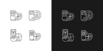 Food testing equipment linear icons set for dark and light mode. Scientific technology for product analysis. Customizable thin line symbols. Isolated vector outline illustrations. Editable stroke