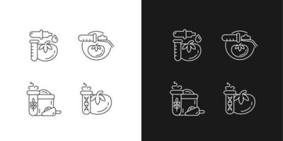 Artificial food additives linear icons set for dark and light mode. Modified organic products. Nutrition testing. Customizable thin line symbols. Isolated vector outline illustrations. Editable stroke