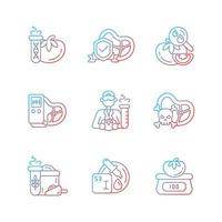 Organic products testing gradient linear vector icons set. Physical properties analysis. Chemical additives detection. Thin line contour symbols bundle. Isolated outline illustrations collection