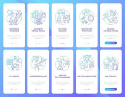 Happiness mindset blue gradient onboarding mobile app page screen set. Walkthrough 5 steps graphic instructions with concepts. UI, UX, GUI vector template with linear color illustrations