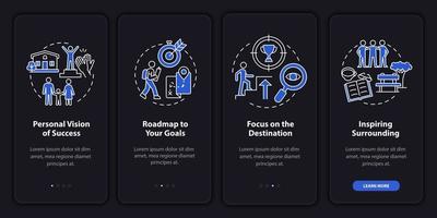 Happiness mindset components dark onboarding mobile app page screen. Walkthrough 4 steps graphic instructions with concepts. UI, UX, GUI vector template with linear night mode illustrations