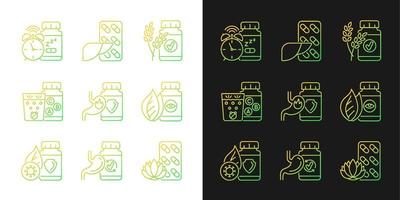 Food supplements gradient icons set for dark and light mode. Dietary products. Digestive medicine. Thin line contour symbols bundle. Isolated vector outline illustrations collection on black and white