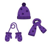 conjunto de gorro y bufanda, mitones morados con estrellas vector