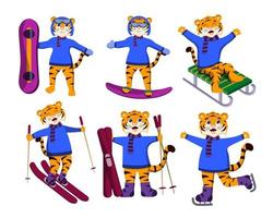 a set of cartoon tigers on skis and sleds vector